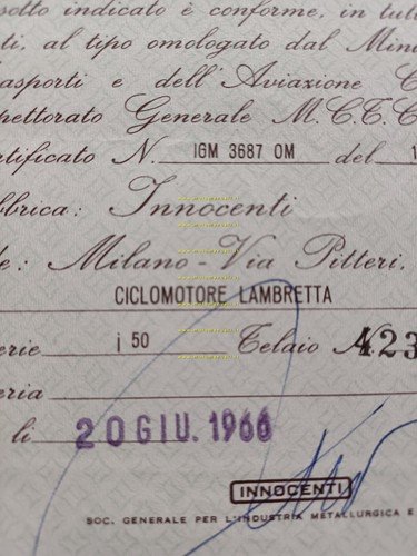 Innocenti Lambretta J50 1966 certificato d'origine originale