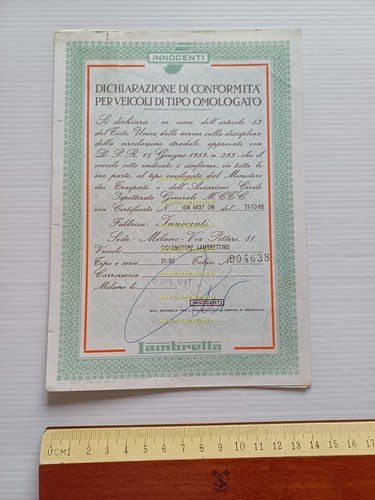 Innocenti Lambrettino 50 1967 certificato d'origine originale