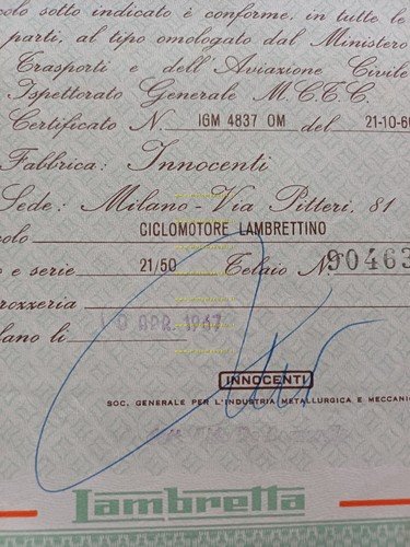 Innocenti Lambrettino 50 1967 certificato d'origine originale