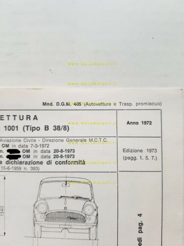 Innocenti Mini 1001 1972 ed.'73 Scheda facsimile omologazione DGM originale