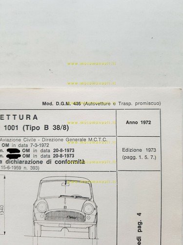 Innocenti Mini 1001 1972 ed.'73 Scheda facsimile omologazione DGM originale