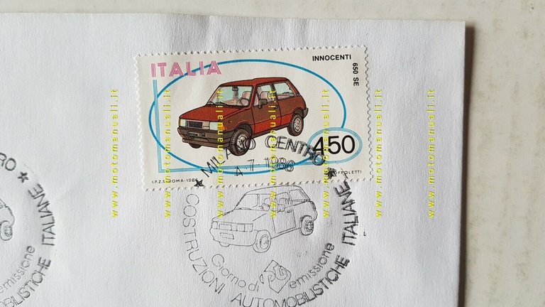 Innocenti Mini 650 SE francobollo 1986 2 buste affrancate commemorative …