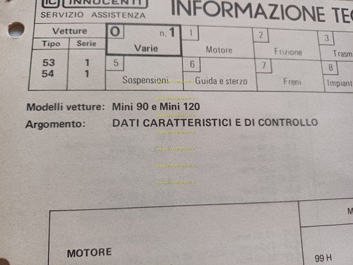Innocenti Mini 90-120 1978 manuale officina caratteristiche tecniche dati ripar.
