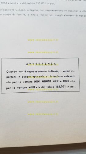 Innocenti Mini Minor -Mini T MK2-MK3 1970 manuale officina caratterist. …