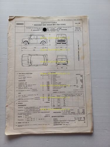 Innocenti Mini Minor MK2 1968 scheda omologazione DGM Motorizzazione Facsimile