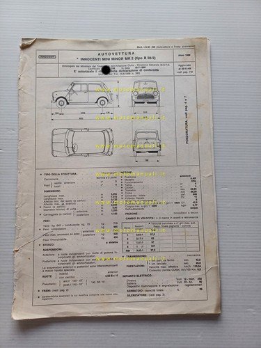 Innocenti Mini Minor MK2 1968 scheda omologazione DGM Motorizzazione Facsimile