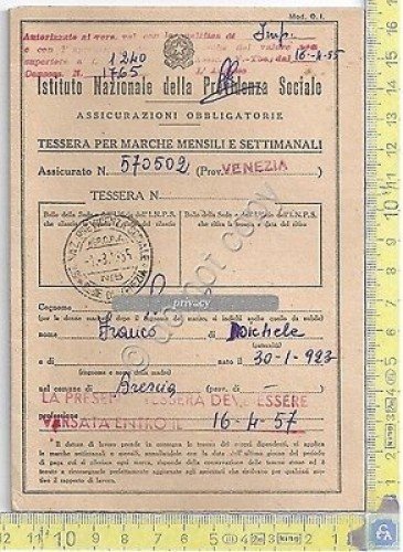 INPS - Istituto Nazionale Previdenza Sociale - Tessera Marche Mensili …