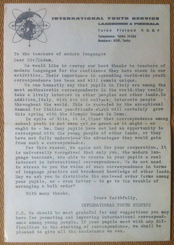 International Youth Service - anni 60 - Lettera agli insegnanti | Immagine principale