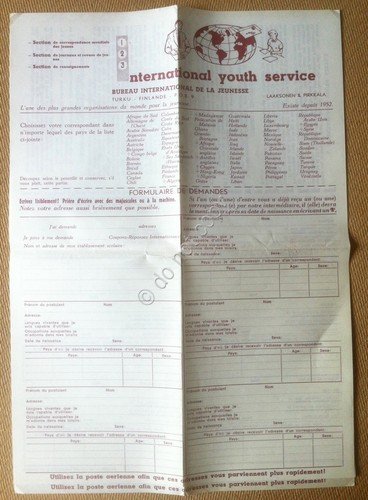 International Youth Service - foglio d'ordine - anni 60