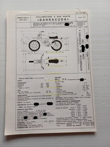Intramotor Gloria Barracuda 50 1974 Facsimile originale scheda omologazione DGM