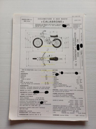 Intramotor Gloria Calabrone 50 1974 Facsimile originale scheda omologazione DGM
