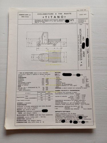 Intramotor Titano 50 motocarro 1975 Facsimile originale scheda omologazione DGM
