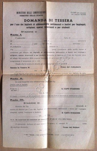 Italia - anni '40 - Ferrovie Stato - Domanda tessera … | Immagine principale