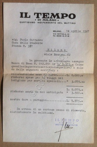Italia - Il Tempo quotidiano Milano 1947 - lettera dattiloscritta