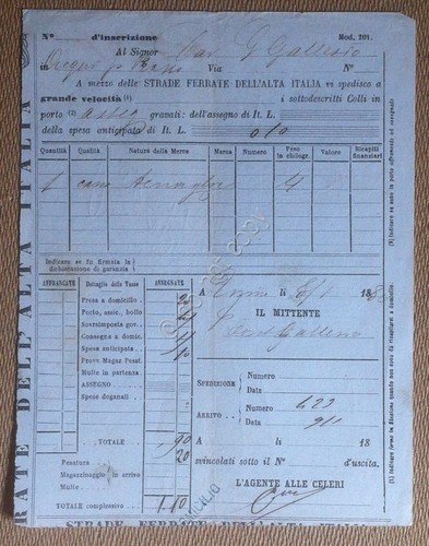 Italia 1880 - Ferrovia dell'Alta Italia - Ricevuta di spedizione | Immagine principale