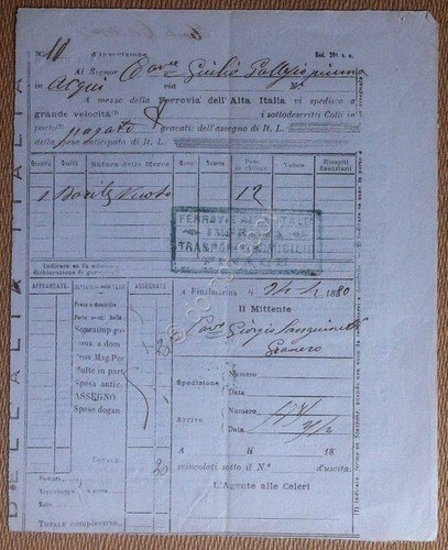 Italia 1880 - Ricevuta di spedizione - Ferrovia dell'Alta Italia …
