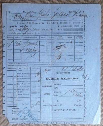 Italia 1880 - Ricevuta di spedizione - Ferrovia dell'Alta Italia | Immagine principale