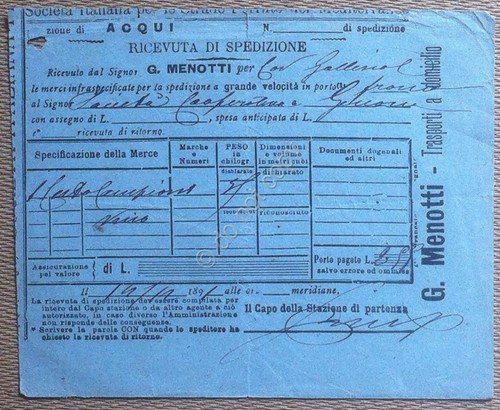 Italia 1891 - Ricevuta di spedizione - G. Menotti - …