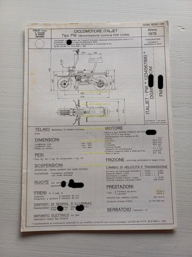 Italjet 50 Popcorn 1978 Facsimile originale scheda omologazione DGM Motorizzaz.