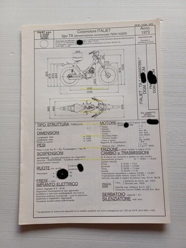 Italjet 50 Teen Ager 1973 Facsimile originale scheda omologazione DGM …