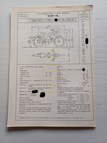 Italjet Baby 48 1968 Facsimile originale scheda omologazione DGM Motorizzazione