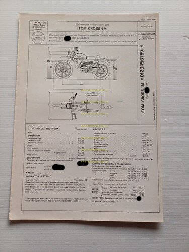 Itom 50 Cross 4M 1974 Facsimile originale scheda omologazione DGM …