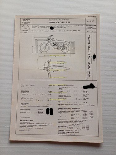 Itom 50 Cross 5M 1974 Facsimile originale scheda omologazione DGM …