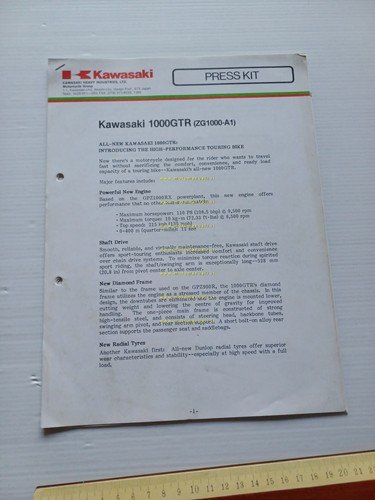 Kawasaki 1000 GTR 1a serie 1986 cartella stampa originale testo …