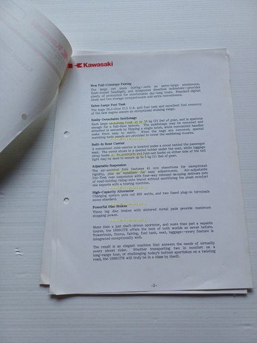Kawasaki 1000 GTR 1a serie 1986 cartella stampa originale testo …