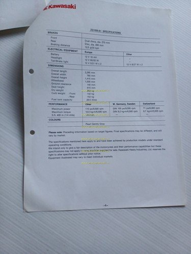 Kawasaki 1000 GTR 1a serie 1986 cartella stampa originale testo …
