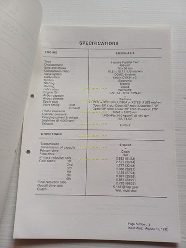 Kawasaki EN 500 (EN500-A3.A4) 1993 Model Information cartella stampa inglese