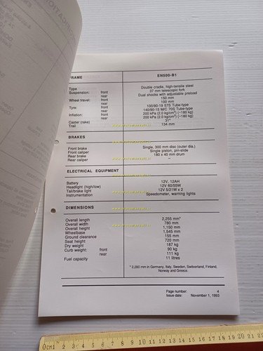 Kawasaki EN 500 (EN500-B1) 1994 Model Information cartella stampa inglese