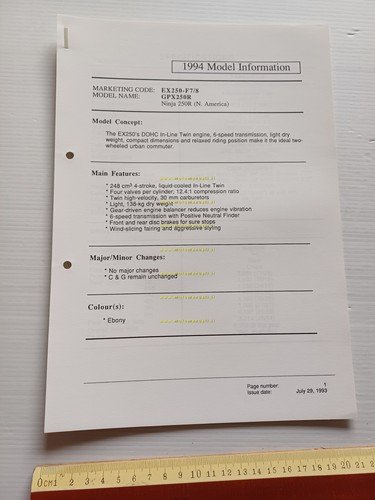 Kawasaki GPX 250 R (EX250-F7.F8) 1994 Model Information cartella stampa …