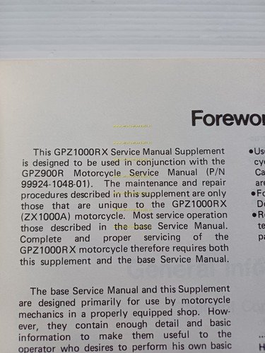 Kawasaki GPZ 1000 RX 1985 SUPPLEMENTO manuale officina INGLESE originale