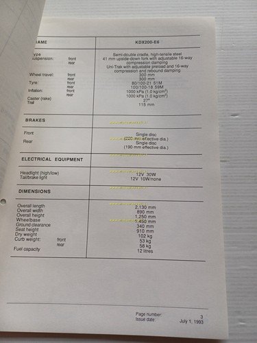 Kawasaki KDX 200 (KDX200-E6) 1994 Model Information cartella stampa inglese