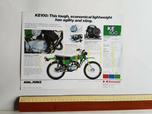 Kawasaki KE 100 depliant originale moto TESTO INGLESE