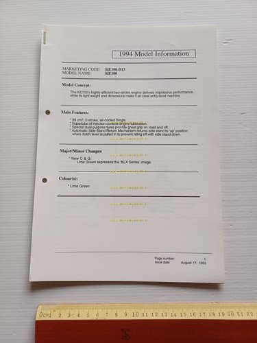 Kawasaki KE 100 (KE100-B13) 1994 Model Information cartella stampa inglese