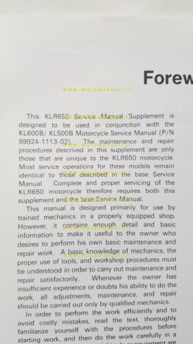Kawasaki KLR 650 1994 SUPPLEMENTO manuale officina INGLESE