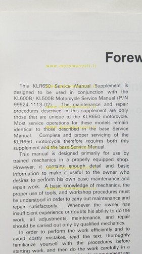 Kawasaki KLR 650 1994 SUPPLEMENTO manuale officina INGLESE