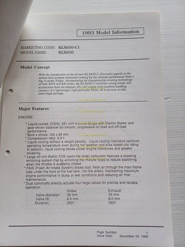 Kawasaki KLX 650 R (KLX650-A1) 1993 Model Information cartella stampa …