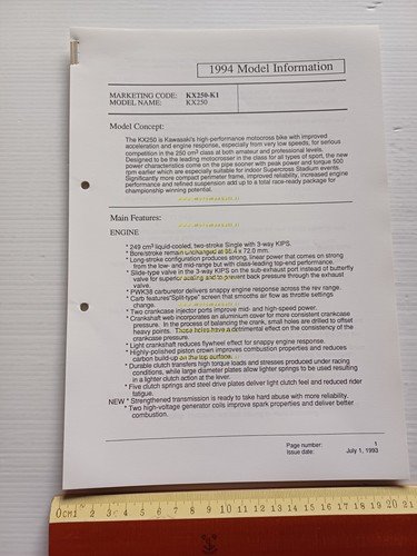 Kawasaki KX 250 (KX250-K1) 1994 Model Information cartella stampa inglese