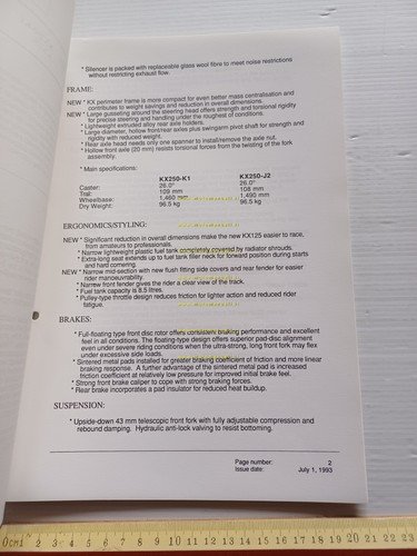 Kawasaki KX 250 (KX250-K1) 1994 Model Information cartella stampa inglese