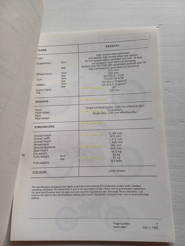 Kawasaki KX 250 (KX250-K1) 1994 Model Information cartella stampa inglese