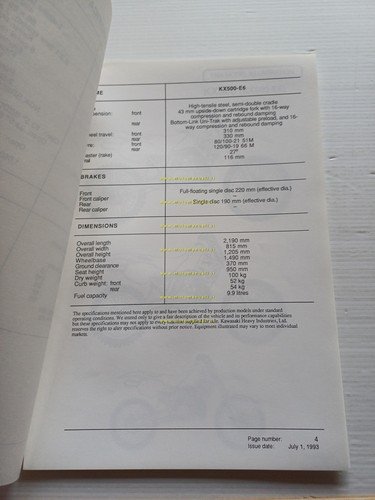 Kawasaki KX 500 (KX500-E6) 1994 Model Information cartella stampa inglese