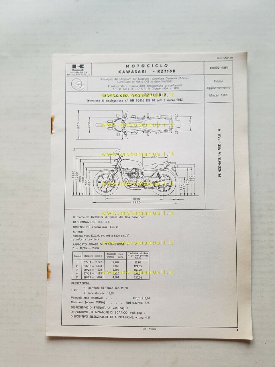 Kawasaki KZT 10B 1100 agg. 1982 scheda omologazione DGM originale …