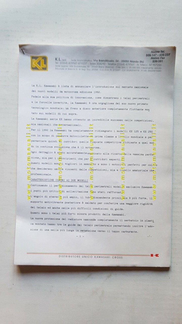 Kawasaki modelli Cross 1992 cartella stampa originale ITALIANO press kit