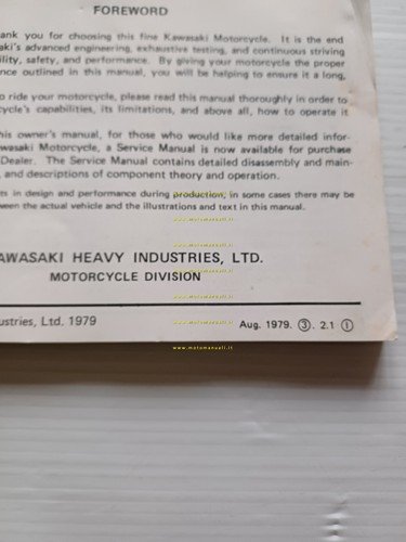 Kawasaki Z 1300 1979 manuale uso manutenzione libretto originale inglese