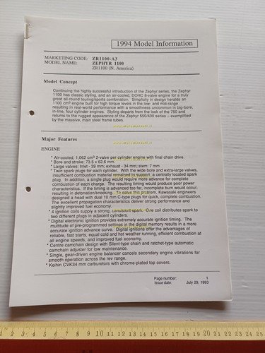Kawasaki Zephyr 1100 (ZR1100-A3) 1994 Model Information cartella stampa inglese