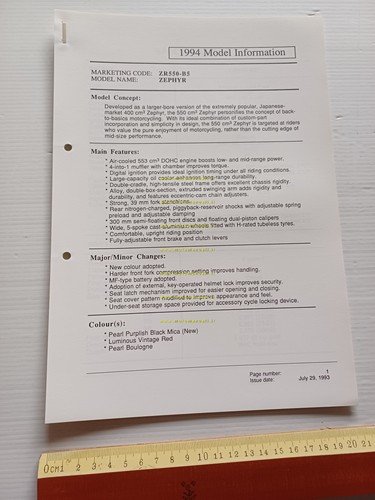 Kawasaki Zephyr 550 (ZR550-B5) 1994 Model Information cartella stampa inglese