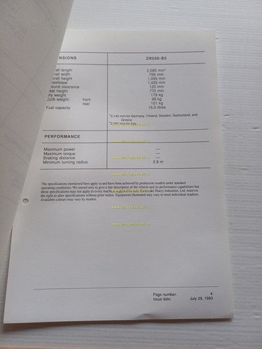 Kawasaki Zephyr 550 (ZR550-B5) 1994 Model Information cartella stampa inglese
